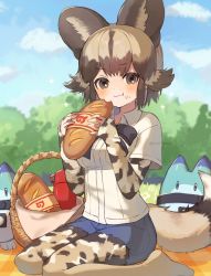 Rule 34 | 1girl, african wild dog print, animal ears, baguette, blue bow, blue bowtie, blush, bow, bowtie, bread, brown eyes, brown hair, collared shirt, crumbs, cutoffs, denim, denim shorts, dog ears, dog girl, dog tail, eating, food, food on face, highres, japari symbol, kemono friends, light brown hair, long sleeves, looking at viewer, lucky beast (kemono friends), multicolored hair, no shoes, noamem, pantyhose, picnic basket, print pantyhose, print sleeves, seiza, shirt, short hair, short shorts, shorts, sidelocks, sitting, solo, tail, thermos, white shirt