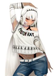 Rule 34 | 10s, 1girl, altera (fate), alternate costume, arm at side, arm up, bare shoulders, belt, blunt bangs, blush, breasts, casual, closed mouth, clothes writing, commentary, contemporary, contrapposto, cowboy shot, dark-skinned female, dark skin, denim, fate/extra, fate/grand order, fate (series), i-pan, legs apart, looking at viewer, midriff, navel, pants, red eyes, short hair, short sleeves, simple background, small breasts, solo, standing, tattoo, torn clothes, torn pants, veil, white background, white hair