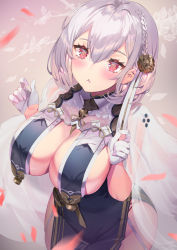 Rule 34 | 1girl, alternate costume, azur lane, bare shoulders, blush, braid, breasts, cape, china dress, chinese clothes, cleavage, dress, gloves, grey dress, hair between eyes, hair ornament, half gloves, large breasts, looking at viewer, petals, red eyes, revealing clothes, see-through, short hair, sideboob, sirius (azur lane), sirius (azure horizons) (azur lane), solo, white gloves, white hair, yoshimoto (dear life)