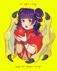 Rule 34 | 1girl, apple, artist name, bad id, bad pixiv id, dragon wings, eating, fire emblem, fire emblem: the sacred stones, food, fruit, highres, jivke, multi-tied hair, myrrh (fire emblem), nintendo, open mouth, purple hair, red eyes, simple background, solo, twintails, upper body, wings, wristband, yellow background