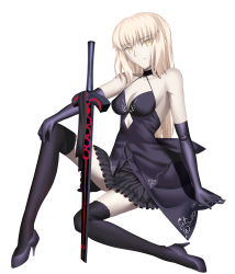Rule 34 | 1girl, absurdres, artoria pendragon (fate), bare shoulders, blonde hair, breasts, cleavage, elbow gloves, excalibur morgan (fate), expressionless, fate/grand order, fate (series), gloves, hand on own knee, high heels, highres, katidoki, looking at viewer, medium breasts, saber alter, short hair, solo, thighhighs, white background, yellow eyes