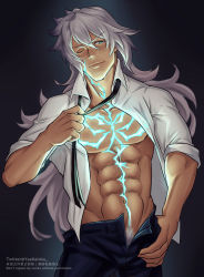 Rule 34 | 1boy, abs, alternate costume, bara, bare pectorals, black necktie, body markings, casual, come hither, dark-skinned male, dark skin, fate/apocrypha, fate/grand order, fate (series), green eyes, grey hair, highres, long hair, looking at viewer, loose necktie, male focus, male pubic hair, muscular, muscular male, navel, necktie, one eye closed, open fly, pectorals, pubic hair, pubic hair peek, salaryman, seductive smile, siegfried (fate), sleeves rolled up, smile, smirk, solo, stomach, undressing, yaekaidou