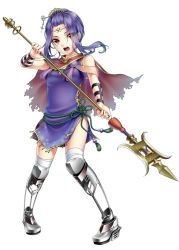 Rule 34 | 1girl, bad id, bad pixiv id, boots, hinase kanoto, open mouth, polearm, purple hair, red eyes, simple background, solo, spear, weapon