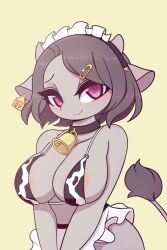 Rule 34 | animal print, bell, breasts, cleavage, collar, cow girl, cow print, cow tail, cowbell, ear tag, furry, furry female, hair ornament, hairclip, highres, large breasts, neck bell, pinkcappachino, solo, tail