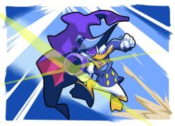 Rule 34 | 1boy, black eyes, blue background, cape, clenched hand, darkwing duck, darkwing duck (character), firing at viewer, furry, furry male, glaucosilvaart, gun, hat, jacket, long sleeves, male focus, purple cape, purple mask, running, solo, weapon