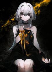 Rule 34 | 1girl, bare shoulders, black choker, black dress, choker, dress, egoist (vocaloid), empty picture frame, grey hair, hair between eyes, highres, holding, long hair, looking at viewer, paint splatter, pale skin, parted lips, picture frame, poursuu, purple eyes, ribbon, simple background, sitting, solo, strapless, strapless dress, very long hair, vocaloid, white hair, yellow ribbon