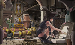Rule 34 | 2girls, ankle boots, banner, black eyes, black footwear, black hair, boots, bottle, bucket, cabinet, camisole, crate, fantasy, flask, food, goggles, goggles on head, hair tie, hat, highres, hook, indoors, industrial pipe, jumpsuit, log, long hair, looking to the side, mace, machinery, mecha, midriff, multiple girls, original, pavement, ponytail, profile, robot, rope, round-bottom flask, sack, shield, short hair, shorts, spaghetti strap, sparks, squatting, standing, stove, strap slip, sukabu, tile wall, tiles, tongs, tri tails, vegetable, weapon, witch hat