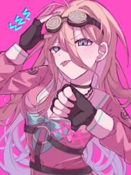 Rule 34 | 1girl, :p, adjusting goggles, antenna hair, barbed wire, black choker, black gloves, blonde hair, bow, bowtie, breasts, choker, danganronpa (series), danganronpa v3: killing harmony, fingerless gloves, fuwafuwa koppepan, gloves, goggles, goggles on head, green bow, green bowtie, hands up, highres, iruma miu, long hair, medium breasts, o-ring, pink background, pink shirt, sailor collar, shirt, simple background, tongue, tongue out, white sailor collar