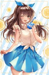Rule 34 | 1girl, bare arms, blue ribbon, blue skirt, blush, breasts, brown eyes, brown hair, commentary request, drink, drinking straw, food, fruit, hair ornament, hair ribbon, highres, holding, idolmaster, idolmaster shiny colors, lemon, long hair, looking at viewer, medium breasts, one eye closed, open mouth, ponytail, ribbon, shirt, skirt, smile, solo, teeth, tsukioka kogane, ttosom, upper teeth only, white shirt