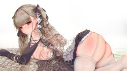 Rule 34 | 1girl, ass, azur lane, bare shoulders, black dress, blush, breasts, brown hair, dress, earrings, formidable (azur lane), frilled dress, frills, hair ribbon, huge ass, jewelry, kitsune-neko, large breasts, long hair, long sleeves, looking at viewer, lying, on stomach, red eyes, ribbon, simple background, skindentation, solo, thick thighs, thighhighs, thighs, twintails, two-tone dress, two-tone ribbon, very long hair, white background, white thighhighs, wide hips