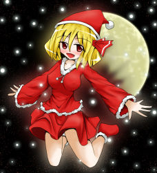Rule 34 | 1girl, blonde hair, blush, breasts, covered erect nipples, embodiment of scarlet devil, fang, female focus, full body, hat, large breasts, misora (artist), misora soranoiro, moon, outstretched arms, red eyes, rumia, santa costume, santa hat, short hair, snow, solo, spread arms, touhou