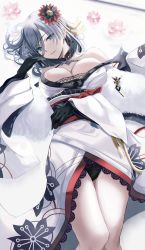 Rule 34 | 1girl, absurdres, azur lane, black gloves, blue eyes, bow, breasts, cleavage, flower, gloves, grey hair, hair bow, hair ornament, highres, japanese clothes, large breasts, looking at viewer, lying, nicky w, on back, open mouth, panties, solo, thighs, tirpitz (azur lane), tirpitz (seasonal pine and the frost flower) (azur lane), underwear