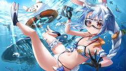 Rule 34 | 1girl, :t, animal ear fluff, animal ears, bare legs, bare shoulders, bikini, black gloves, blue hair, blush, boomerang (subnautica), braid, breasts, carrot hair ornament, choker, closed mouth, commentary request, fish, flippers, food-themed hair ornament, freediving, front-tie bikini top, front-tie top, gloves, goggles, hair ornament, halterneck, highleg, highleg bikini, highres, holding, hololive, kito koruta, long hair, looking at viewer, medium breasts, multicolored hair, navel, pekomon (usada pekora), orange choker, peeper (subnautica), rabbit-shaped pupils, rabbit ears, rabbit girl, rabbit tail, red eyes, signature, smile, solo, stalker (subnautica), stomach, subnautica, swimsuit, symbol-shaped pupils, tail, thigh strap, twin braids, twintails, two-tone hair, underwater, usada pekora, virtual youtuber, white bikini, white hair