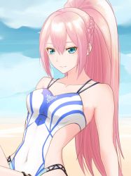 Rule 34 | 1girl, azuki-washer, blue eyes, braid, breasts, closed mouth, collarbone, competition swimsuit, covered navel, french braid, hair between eyes, high ponytail, highres, leaning back, long hair, one-piece swimsuit, pink hair, shionne (tales), sitting, small breasts, smile, solo, swimsuit, tales of (series), tales of arise, very long hair, white one-piece swimsuit