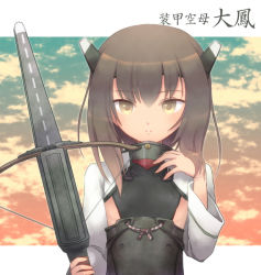 Rule 34 | 10s, 1girl, bad id, bad pixiv id, blush, bow (weapon), brown eyes, brown hair, buritaku, crossbow, flat chest, headband, headgear, kantai collection, personification, short hair, smile, solo, taihou (kancolle), text focus, weapon