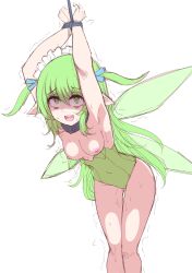 Rule 34 | 1girl, 3 4 700, absurdres, bdsm, black souls, bondage, bound, breasts, fairy, feet out of frame, green eyes, green hair, green leotard, highres, leaf (black souls), leotard, long hair, looking up, maid headdress, medium breasts, nipples, open mouth, pointy ears, shaded face, simple background, solo, strapless, strapless leotard, sweat, teeth, trembling, two side up, upper teeth only, white background