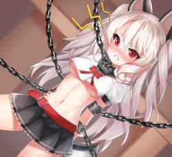 Rule 34 | 1girl, angry, azur lane, blush, bound, breasts, chain, chained, collar, crop top, ehart, lock, long hair, mechanical ears, medium breasts, navel, puffy short sleeves, puffy sleeves, red eyes, short sleeves, slit pupils, solo, tail, tattoo, teeth, tied up, underboob, very long hair, white hair, yuudachi (azur lane)