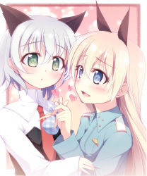 Rule 34 | 2girls, :d, :o, animal ears, arm grab, bad id, bad pixiv id, blonde hair, blue eyes, blush, couple, eila ilmatar juutilainen, embarrassed, eye contact, flat chest, gift, green eyes, heart, highres, holding, holding gift, kazakura, long hair, looking at another, military, military uniform, multiple girls, necktie, open mouth, plaid, sanya v. litvyak, short hair, silver hair, smile, strike witches, surprised, turtleneck, uniform, upper body, world witches series, yuri