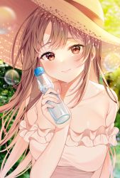 Rule 34 | 1girl, bare shoulders, blurry, blurry background, blush, bottle, breasts, brown eyes, brown hair, brown hat, closed mouth, collarbone, depth of field, dress, frilled dress, frills, hand up, hat, holding, holding bottle, long hair, looking at viewer, medium breasts, nail polish, original, pink nails, ramune, reel (riru), smile, solo, strapless, strapless dress, sun hat, upper body, very long hair, white dress