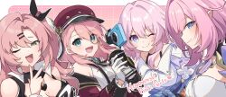 4girls ;) ;3 ;d ;q bare_shoulders black_gloves blue_eyes blue_nails bra_strap breasts brooch cabbie_hat camera charlotte_(genshin_impact) cleavage color_connection commentary_request company_connection elysia_(honkai_impact) elysia_(miss_pink_elf)_(honkai_impact) genshin_impact gloves green_eyes hair_color_connection hand_up hat highres holding holding_camera honkai:_star_rail honkai_(series) honkai_impact_3rd jewelry large_breasts long_hair long_sleeves looking_at_viewer march_7th_(honkai:_star_rail) march_7th_(preservation)_(honkai:_star_rail) mihoyo monocle multiple_girls nail_polish nicole_demara one_eye_closed open_mouth pink_hair pink_nails pointy_ears red_hat shirase_(shirose) shirt smile strapless strapless_shirt suspenders tongue tongue_out upper_body w white_gloves zenless_zone_zero