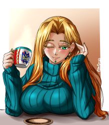 Rule 34 | 1girl, alternate costume, blonde hair, breasts, chin piercing, cup, fate/grand order, fate (series), green eyes, green nails, green sweater, hair intakes, highres, holding, holding cup, large breasts, long hair, long sleeves, mug, nail polish, one eye closed, quetzalcoatl (fate), ribbed sweater, solo, sweater, turtleneck, turtleneck sweater, zantyarz