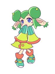 Rule 34 | 1girl, bad id, bad pixiv id, blue eyes, blush stickers, double bun, full body, green hair, horns, lidelle (puyopuyo), madou monogatari, official style, pippikumin, pointy ears, puyopuyo, puyopuyo fever, shoes, short hair, skirt, sleeves past wrists, solo, white background