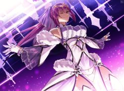 Rule 34 | 1girl, breasts, closed mouth, dress, fate/grand order, fate (series), fumato, fur-trimmed dress, fur trim, gradient background, hair between eyes, hair ribbon, highres, large breasts, long hair, long sleeves, looking at viewer, one eye closed, purple background, purple dress, purple hair, purple ribbon, red eyes, ribbon, scathach (fate), scathach skadi (fate), scathach skadi (third ascension) (fate), smile, tiara