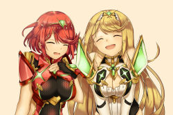 2girls :d ^_^ armor blonde_hair breasts cleavage closed_eyes dress driftingtiger closed_eyes gloves highres jewelry large_breasts long_hair multiple_girls mythra_(xenoblade) nintendo open_mouth pyra_(xenoblade) red_eyes red_hair short_hair simple_background smile white_background xenoblade_chronicles_(series) xenoblade_chronicles_2 xenoblade_chronicles_(series) xenoblade_chronicles_2