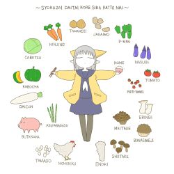 Rule 34 | 1girl, asparagus, asymmetrical horns, bird, bowl, cabbage, cardigan, carrot, cherry tomato, chicken, chopsticks, closed eyes, commentary request, daikon, diode (0 division), egg, eggplant, enoki (mushroom), expressionless, food, full body, green pepper, grey hair, highres, holding, holding bowl, holding chopsticks, horns, kabocha squash, mushroom, onion, open cardigan, open clothes, original, outstretched arms, pantyhose, pig, pointy ears, potato, pumpkin, radish, rice, rice bowl, romaji text, school uniform, serafuku, shiitake, short hair, solo, spread arms, tomato, uneven horns, white background