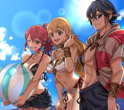 Rule 34 | 1boy, 2girls, absurdres, alfonse (fire emblem), anna (fire emblem), ball, beachball, bikini, black male swimwear, black swim trunks, blonde hair, blue hair, blue sky, braid, breasts, brother and sister, cleavage, closed mouth, cloud, crown braid, day, drawstring, ebinku, fire emblem, fire emblem heroes, gradient hair, green eyes, grin, highres, holding, hood, hood down, long hair, male swimwear, medium breasts, multicolored hair, multiple girls, navel, nintendo, one eye closed, open mouth, outdoors, ponytail, red eyes, red hair, sharena (fire emblem), short hair, short sleeves, shorts, siblings, sky, smile, swim trunks, swimsuit