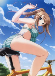 Rule 34 | 1girl, absurdres, alto, alto (game), antenna hair, ass, bicycle, bikini, blue eyes, blush, breasts, brown hair, cloud, covered erect nipples, day, from below, highres, iwasaki kouji, jast, legs, long hair, looking down, medium breasts, non-web source, outdoors, panties, ponytail, side-tie bikini bottom, side-tie panties, sky, solo, striped bikini, striped clothes, swimsuit, tachibana megumi, twintails, underwear