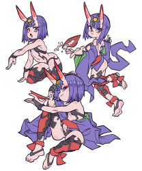 Rule 34 | 1girl, alcohol, barefoot, bob cut, eyeliner, fate/grand order, fate (series), highres, horns, japanese clothes, kimono, makeup, multiple views, navel, oni, open clothes, open kimono, open mouth, purple hair, purple kimono, red horns, revealing clothes, sake, short hair, shuten douji (fate), simple background, skin-covered horns, waa153, white background