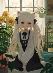 Rule 34 | 1girl, absurdres, animal ears, black bow, black hair, blonde hair, blush, bow, closed mouth, curtains, dress, hair bow, highres, kgt (pixiv12957613), long hair, long sleeves, looking at viewer, no shoes, original, plant, purple eyes, scenery, shirt, sitting, smile, socks, solo, twintails, wariza, white shirt, window