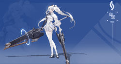 Rule 34 | 1girl, absurdres, dress, grey eyes, high heels, highres, holding, holding weapon, legs, mecha musume, mechanical parts, original, pantyhose, science fiction, simple background, solo, twintails, weapon, white hair, white pantyhose, xin (1844210356)