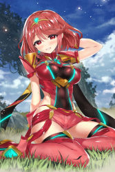 Rule 34 | 1girl, arm up, blue sky, blush, breasts, circlet, cloud, cloudy sky, commentary request, day, earrings, grass, jewelry, kibasuke, long hair, looking at viewer, medium breasts, nintendo, outdoors, parted lips, pink shorts, pink thighhighs, pyra (xenoblade), red eyes, red hair, revision, short shorts, short sleeves, shorts, sidelocks, sky, smile, solo, swept bangs, thighhighs, xenoblade chronicles (series), xenoblade chronicles 2