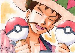 Rule 34 | 1boy, :d, brock (pokemon), brown hair, closed eyes, collarbone, commentary request, creatures (company), facial hair, game freak, hat, highres, holding, holding maracas, instrument, male focus, maracas, mustache, nintendo, oka mochi, open mouth, poke ball print, pokemon, pokemon (anime), pokemon (classic anime), short hair, smile, solo, tongue, traditional media, upper body, yellow background