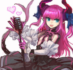Rule 34 | 1girl, :d, black dress, blue bow, blue eyes, bow, breasts, commentary request, cowboy shot, curled horns, detached sleeves, dragon girl, dragon horns, dragon tail, dress, elizabeth bathory (fate), elizabeth bathory (fate/extra ccc), fate/extra, fate/extra ccc, fate (series), finger cots, hair bow, heart, horns, long hair, looking at viewer, mogukk, open mouth, pink hair, pointy ears, revealing clothes, sarkany csont landzsa, simple background, small breasts, smile, solo, tail, teeth, two side up, upper teeth only, white background, white sleeves