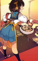 Rule 34 | 1girl, apron, armband, ass, black socks, blue sailor collar, blue skirt, bow, breasts, brown eyes, brown hair, chair, chopsticks, cooking, dumpling, food, foot out of frame, from behind, hair between eyes, hair bow, hairband, hand on own hip, highres, holding, holding chopsticks, idkuroi, indoors, jiaozi, kneepits, looking at viewer, looking back, medium hair, open mouth, profile, red armband, sailor collar, school uniform, shirt, skirt, sleeves past elbows, small breasts, smile, socks, solo, standing, steam, straight hair, suzumiya haruhi, suzumiya haruhi no yuuutsu, sweatdrop, table, tray, white footwear, white shirt, yellow apron, yellow bow, yellow hairband