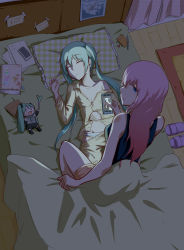 Rule 34 | 2girls, absurdres, bed, bedroom, black shirt, blouse, blue eyes, breasts, cellphone, character doll, cleavage, clothes pull, collarbone, doll, closed eyes, female focus, from above, girl on top, green hair, groin, hachune miku, hatsune miku, highres, holding, holding phone, indoors, long hair, looking at viewer, looking back, lying, megurine luka, multiple girls, nejikyuu, night, on back, on bed, open clothes, open shirt, orange shots, panties, pants, pants pull, phone, pillow, pink hair, shirt, short shorts, shorts, sleeping, small breasts, smartphone, spring onion, twintails, underwear, vocaloid, white panties, yellow pants, yellow shirt, yuri