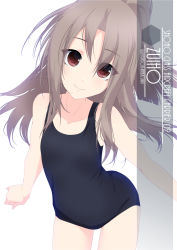 Rule 34 | 1girl, artist name, brown eyes, character name, collarbone, commentary request, cowboy shot, eyes visible through hair, flat chest, grey hair, hair between eyes, high ponytail, highres, inaba shiki, kantai collection, leaning forward, long hair, looking at viewer, new school swimsuit, one-hour drawing challenge, one-piece swimsuit, school swimsuit, simple background, smile, solo, swimsuit, white background, zuihou (kancolle)