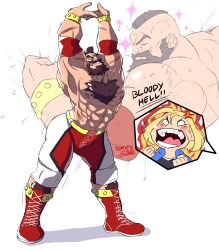 Rule 34 | 1boy, 1girl, abs, arms up, beard, cammy stretch (meme), capcom, chest hair, chibi, chibi inset, commentary, english commentary, facial hair, highres, interlocked fingers, knee pads, lace-up, male focus, meme, mohawk, muscular, muscular male, own hands together, pants, red footwear, short hair, solo focus, street fighter, street fighter 6, sweat, tomato styles, topless male, white pants, wrestling outfit, zangief