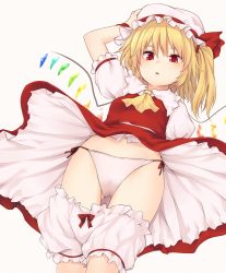 Rule 34 | 1girl, arm up, ascot, blonde hair, bloomers, bloomers pull, bow, breasts, commentary request, cowboy shot, crystal, dutch angle, fangs, flandre scarlet, frilled shirt collar, frills, from below, gluteal fold, grey background, hair between eyes, hair tie, hand on headwear, hat, hat ribbon, highres, long hair, looking at viewer, miyo (ranthath), mob cap, navel, one side up, panties, panties under bloomers, petticoat, puffy short sleeves, puffy sleeves, red bow, red eyes, red ribbon, red skirt, red vest, ribbon, shirt, short sleeves, side-tie panties, simple background, skirt, skirt set, small breasts, solo, standing, stomach, thighs, touhou, underwear, vest, white bloomers, white hat, white panties, white shirt, wings, wristband, yellow ascot