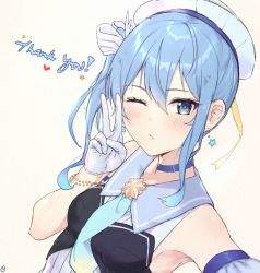 Rule 34 | 1girl, ;t, ahoge, armband, armpit peek, beret, between breasts, blue choker, blue eyes, blue hair, blue sailor collar, blush, bracelet, breasts, choker, closed mouth, collarbone, commentary, dutch angle, earrings, english commentary, envyvanity, eyelashes, gloves, hair between eyes, hair ornament, half gloves, hand up, hat, hololive, hoshimachi suisei, hoshimachi suisei (old design), jewelry, looking at viewer, medium hair, necktie, one eye closed, one side up, outstretched arm, reaching, reaching towards viewer, sailor collar, selfie, shirt, sidelocks, signature, simple background, sleeveless, small breasts, solo, star (symbol), star earrings, striped clothes, striped shirt, taking picture, thank you, v, vertical-striped clothes, vertical-striped shirt, virtual youtuber, white armband, white background, white gloves, white hat, white shirt
