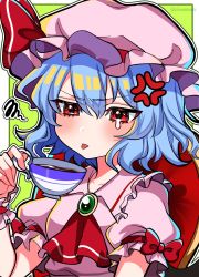Rule 34 | 1girl, anger vein, ascot, bat wings, blue hair, bow, brooch, chair, collared dress, commentary request, cup, dress, hat, hat ribbon, highres, holding, holding cup, ishiki nuru, jewelry, mob cap, mug, on chair, one-hour drawing challenge, pink dress, pink hat, puffy short sleeves, puffy sleeves, red ascot, red bow, red eyes, red ribbon, remilia scarlet, ribbon, short sleeves, solo, tea, tongue, tongue out, touhou, upper body, wavy hair, wings
