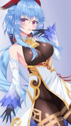 Rule 34 | bare shoulders, bell, black gloves, black pantyhose, blue hair, blush, bodystocking, bodysuit, bow, bowtie, breasts, chinese knot, curled horns, detached sleeves, ganyu (genshin impact), genshin impact, gloves, gold trim, hand to own mouth, highres, holiday sakawa, horns, leotard, leotard under clothes, long hair, looking at viewer, low ponytail, medium breasts, neck bell, pantyhose, purple eyes, sideboob, sidelocks, solo, standing, thighlet, waist cape, white sleeves