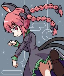 Rule 34 | 1girl, :3, absurdres, animal ear fluff, animal ears, black bow, black dress, bow, cat ears, cat girl, cat tail, commentary, crescent moon, dress, egasumi, grey background, hair bow, highres, kaenbyou rin, long hair, long sleeves, looking at viewer, moon, multiple tails, nekomata, red eyes, red hair, simple background, solo, star (sky), suikatou, tail, touhou, two tails