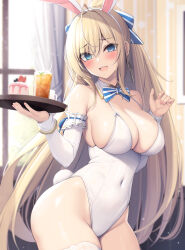 Rule 34 | 1girl, absurdres, animal ears, bare shoulders, blonde hair, blue eyes, blush, bow, bowtie, breasts, cleavage, covered navel, detached collar, detached sleeves, drink, earrings, fake animal ears, hair ornament, hanpenmaru, highleg, highleg leotard, highres, holding, holding tray, jewelry, large breasts, leotard, long hair, long sleeves, looking at viewer, open mouth, original, playboy bunny, ponytail, rabbit ears, smile, solo, striped bow, striped bowtie, striped clothes, tray, white leotard