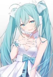 Rule 34 | 1girl, absurdres, ahoge, aqua bow, aqua eyes, aqua hair, bare shoulders, blue nails, blush, bow, breasts, cleavage, collarbone, commentary, detached collar, drawing kanon, dress, dress bow, eyelashes, eyes visible through hair, gradient background, grey background, hair between eyes, hair bow, hand on own chest, hand up, hatsune miku, head tilt, headset, highres, long hair, looking at viewer, nail polish, open hand, open mouth, pleated dress, raised eyebrows, sash, scrunchie, sidelocks, simple background, small breasts, smile, solo, transparent bow, twintails, two-tone background, upper body, very long hair, vocaloid, white background, white bow, white dress, wrist scrunchie