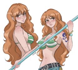 Rule 34 | 1girl, absurdres, arm tattoo, belt, bracelet, brown eyes, commentary, denim, eiriseth, freckles, highres, holding, holding stick, jewelry, log pose, long hair, looking to the side, nami (one piece), one piece, orange hair, profile, simple background, solo, stick, stomach, swimsuit, tattoo, upper body, white background