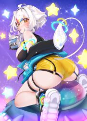 Rule 34 | 1girl, absurdres, aerigomoo, ahoge, animal ears, ass, black gloves, blue jacket, breasts, drinking straw, earrings, gloves, highres, horns, indie virtual youtuber, jacket, jewelry, large breasts, looking at viewer, milk carton, multicolored hair, o-ring, off shoulder, rainbow hair, second-party source, shorts, skindentation, solo, sparkle, srinitybeast, star (symbol), star earrings, tail, thigh strap, unzipped, virtual youtuber, white hair, yellow eyes, yellow shorts